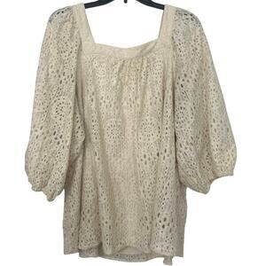Cream Eyelet Lace Square Neck Puff Sleeve Prairie Cottagecore Blouse  Size 2X